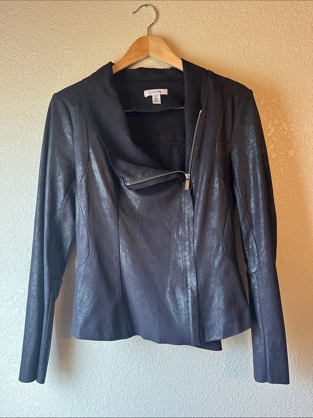 Calvin Klein Black Asymmetric Zip Faux Suede Lightweight Moto-Inspired Jacket